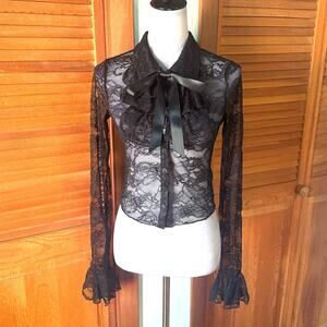 Dolls Kill Gothic Victorian Vampire Vkei Black Lace Jabot Ribbon Bow Top S